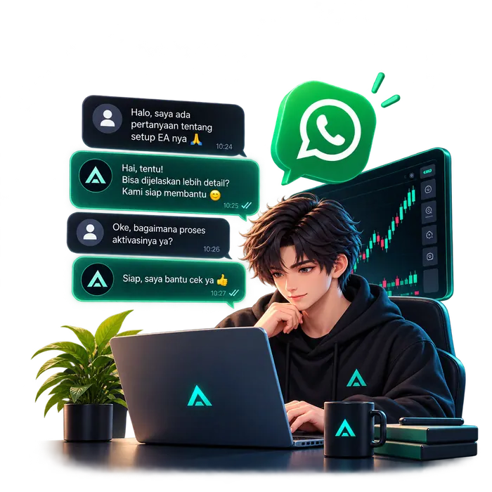 Ilustrasi karakter support ASROVEA membantu lewat WhatsApp dan chart trading