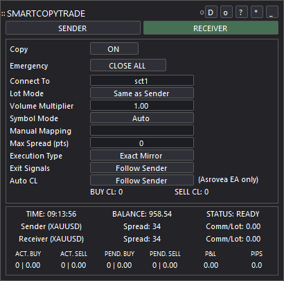 Panel SmartCopyTrade mode Receiver di MetaTrader: lot mode, symbol mapping, execution type