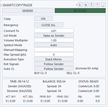 Panel SmartCopyTrade mode Receiver tema terang di MetaTrader