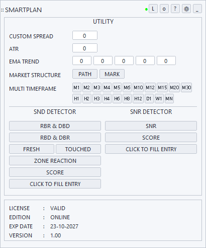 Panel utility SmartPlan tema terang di MetaTrader
