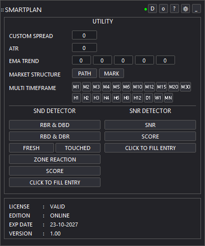 Panel utility SmartPlan tema gelap di MetaTrader